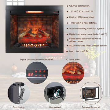 33 inch Infrared Electric Fireplace Insert, Touch Panel Home Decor Heater, Smokeless Firebox With Trim Kit