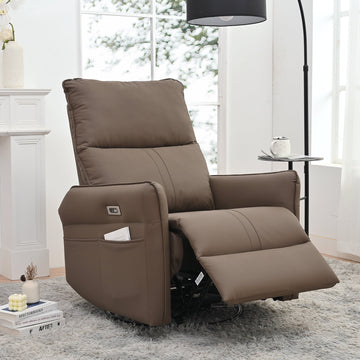 270¡ã Swivel Power Recliner Chair with USB Charging,Overstuffed Rocking Recliner,PU Glider for Living Room,Brown