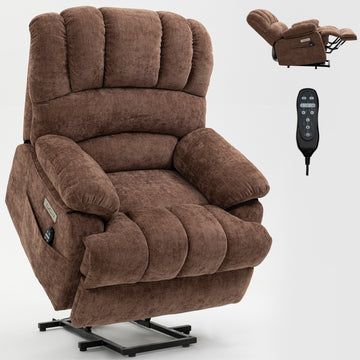 23inch Seat Width and High Back Large Size Chenille Power Lift Recliner Chair with 8-Point Vibration Massage and Lumbar Heating, Brown