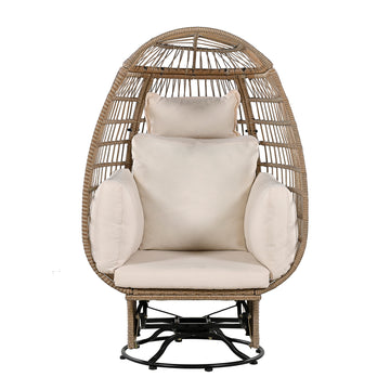 Outdoor Swivel Chair with Cushions, Rattan Egg Patio Chair with Rocking Function for Balcony, Poolside and Garden (Natural Wicker + Beige Cushion)