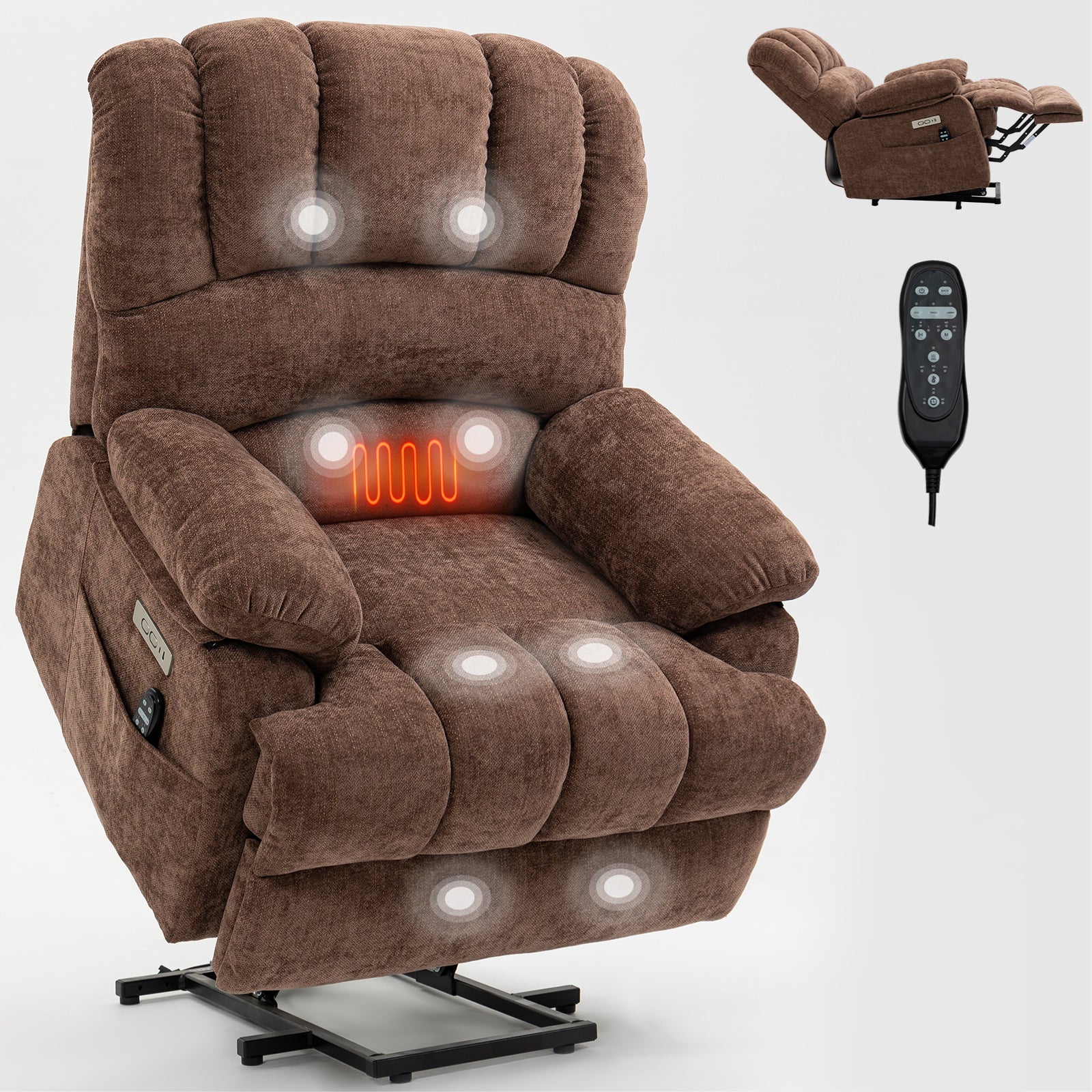 23" Seat Width and High Back Large Size Chenille Power Lift Recliner Chair with 8-Point Vibration Massage and Lumbar Heating,  Dark Brown/ Beige/ Blue-gray