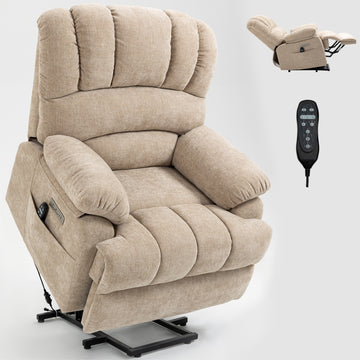 23 Seat Width and High Back Large Size Beige Chenille Power Lift Recliner Chair with 8-Point Vibration Massage and Lumbar Heating