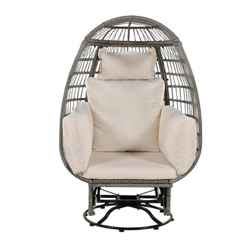 Outdoor Swivel Chair with Cushions, Rattan Egg Patio Chair with Rocking Function for Balcony, Poolside and Garden (Grey Wicker + Beige Cushion)