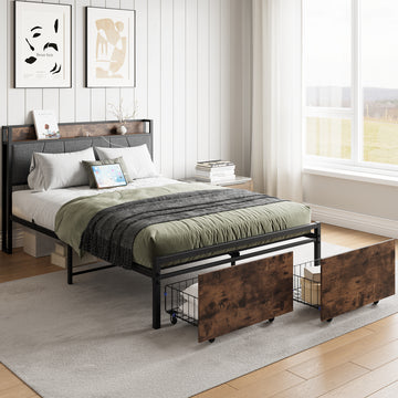 Full/Queen Size Bed Frame, Storage Headboard with Charging Station and 2 Storage Drawers,Vintage Brown and Gray