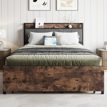 Full/Queen Size Bed Frame, Storage Headboard with Charging Station and 2 Storage Drawers,Vintage Brown and Gray
