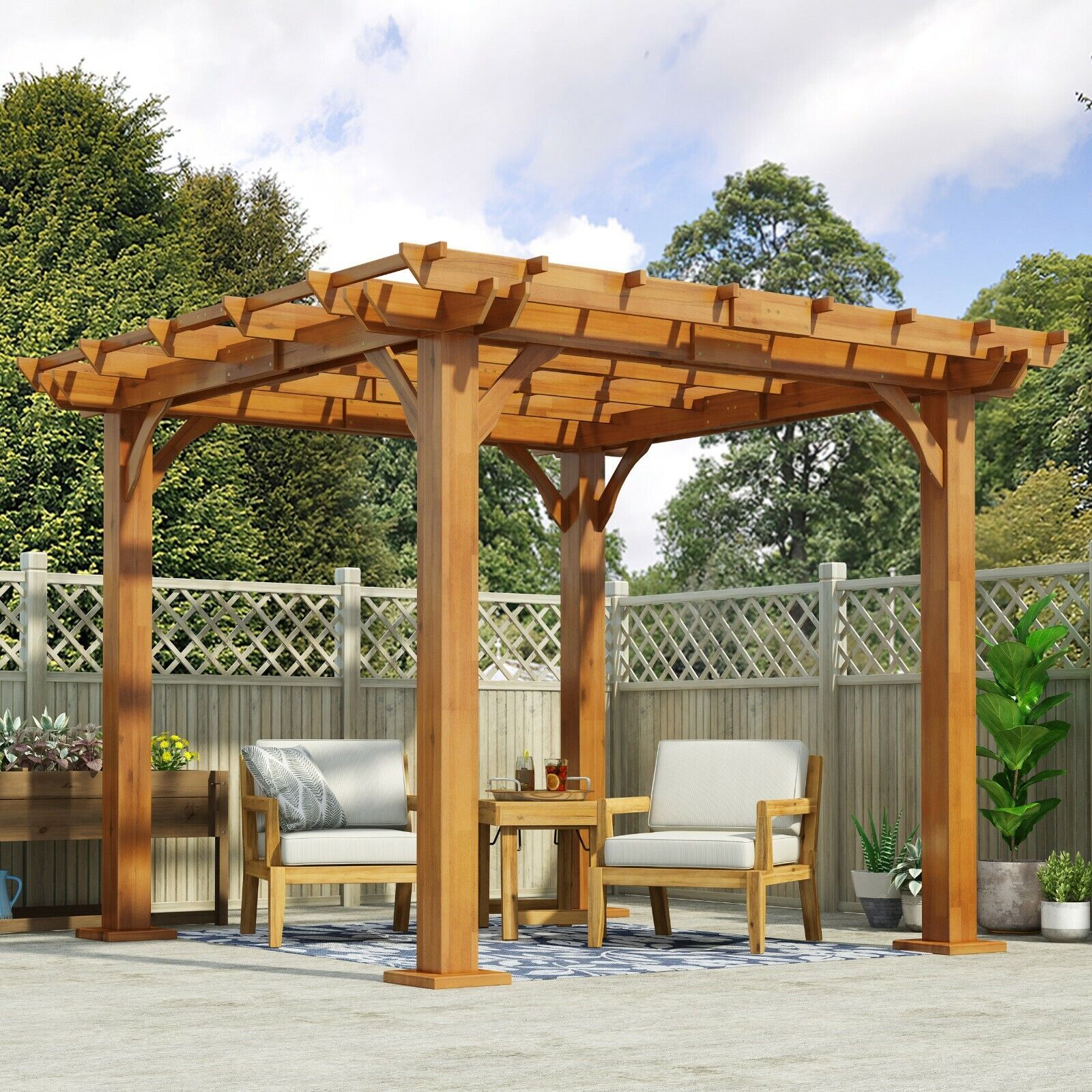 10x10 FT Acacia Wood Pergola with Open Rafter Top and 4-Post Design, Ideal for Outdoor Entertaining & BBQ