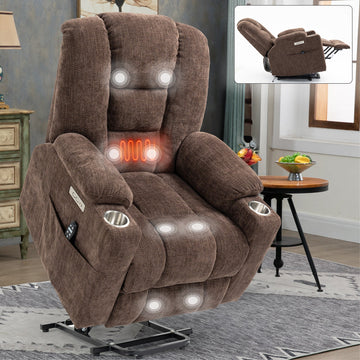 Clihome Large Power Lift Recliner Chair with Massage and Heat for Elderly Overstuffed Wide Recliners Heavy Duty Motion Mechanism with USB and Type C Ports 2 Steel Cup Holders Brown