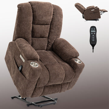 Clihome Large Power Lift Recliner Chair with Massage and Heat for Elderly Overstuffed Wide Recliners Heavy Duty Motion Mechanism with USB and Type C Ports 2 Steel Cup Holders Brown