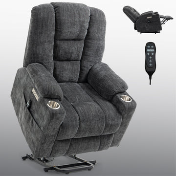 Large Power Lift Recliner Chair with Massage and Heat for Elderly, Overstuffed Wide Recliners, Heavy Duty Motion Mechanism with USB and Type C Ports, 2 Steel Cup Holders, Gray/Brown