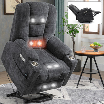 Large Power Lift Recliner Chair with Massage and Heat for Elderly, Overstuffed Wide Recliners, Heavy Duty Motion Mechanism with USB and Type C Ports, 2 Steel Cup Holders, Gray/Brown