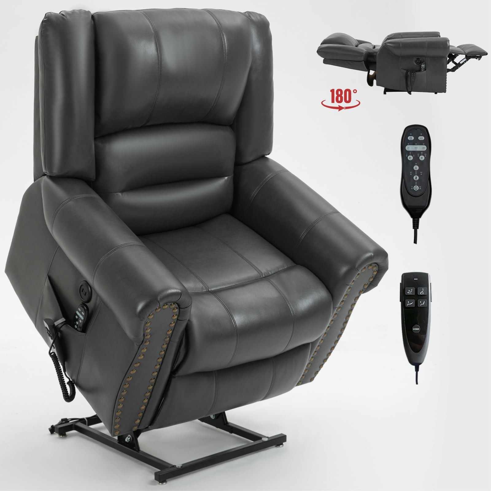 Power Lift Recliner Chair Heat Massage Dual Motor Infinite Position Up to 350 LBS, Faux Leather, Heavy Duty Motion Mechanism with USB Ports, Grey/Black/Brown/Antique brown