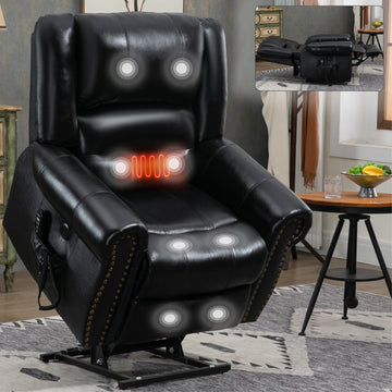 Clihome Power Lift Recliner Chair Heat Massage Dual Motor Infinite Position Up to 350 LBS Genuine Leather Heavy Duty Motion Mechanism with USB Ports Black