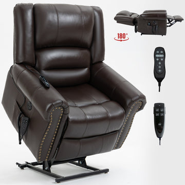 Clihome Power Lift Recliner Chair Heat Massage Dual Motor Infinite Position Up to 350 LBS Genuine Leather Heavy Duty Motion Mechanism with USB Ports Brown