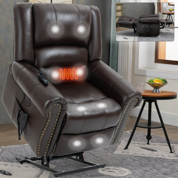 Clihome Power Lift Recliner Chair Heat Massage Dual Motor Infinite Position Up to 350 LBS Genuine Leather Heavy Duty Motion Mechanism with USB Ports Brown