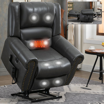 Power Lift Recliner Chair Heat Massage Dual Motor Infinite Position Up to 350 LBS, Faux Leather, Heavy Duty Motion Mechanism with USB Ports, Grey/Black/Brown/Antique brown