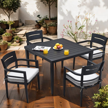 5-Piece Outdoor Patio Aluminum Furniture, Modern Dining Set, including 4 Dining Chairs Sunbrella Fabric Cushioned and 40" Square Dining Table with Umbrella Hole, Ember Black