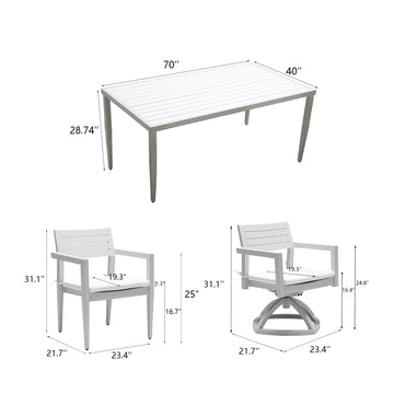 7PC Patio Aluminum Furniture, Modern Dining Set including 4 Dining Chairs & 2 Swivel Rockers Sunbrella Fabric Cushioned and Two-tone Table Top Rectangle Table with Umbrella Hole, Matte White+Grayish