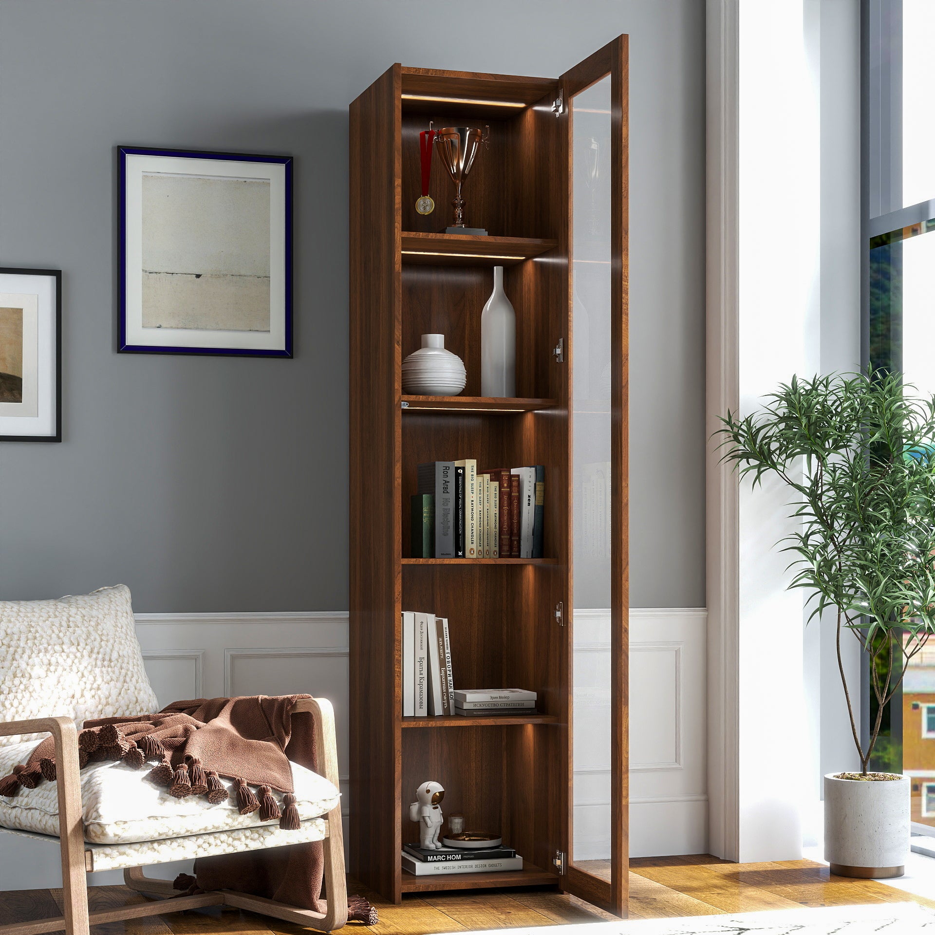 Display Cabinet with Glass Doors, Curio Storage Cabinet with 5 Shelves, Bookcase with LED Lights