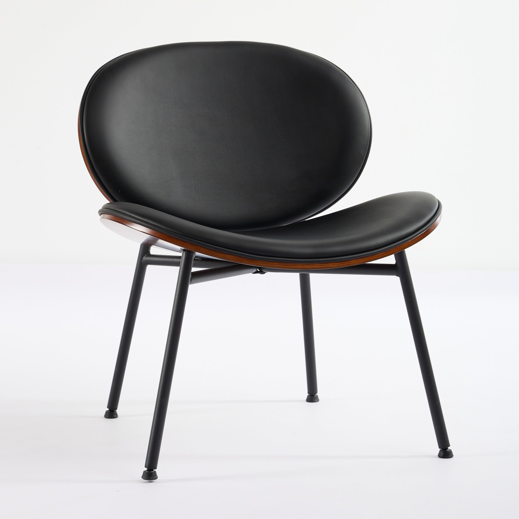 Mid-Century Modern Shell Chair Single Side Chair Tripod Black Leather Lounge Chair in Walnut Finish Comfortable Backrest