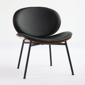 Mid-Century Modern Shell Chair Single Side Chair Tripod Black Leather Lounge Chair in Walnut Finish Comfortable Backrest