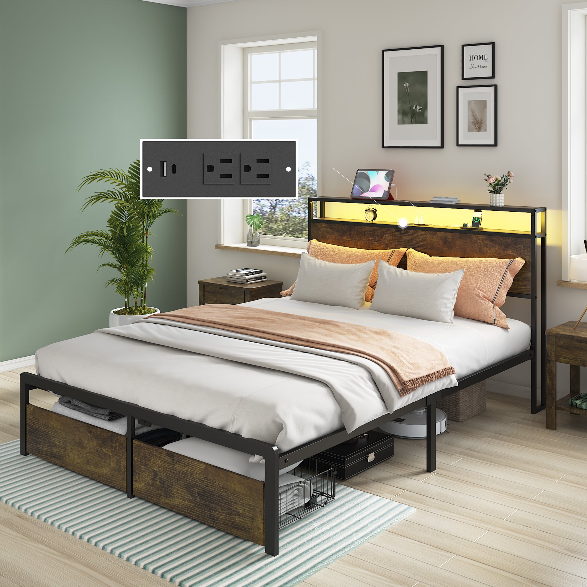 Queen Bed Frame with LED Lights and Charging Station - Robust Metal Wood Construction, Rustic Wood Platform Bed Frame with 2 Drawers, No Box Spring Needed, Noise Free, Vintage Brown, Easy Assemble