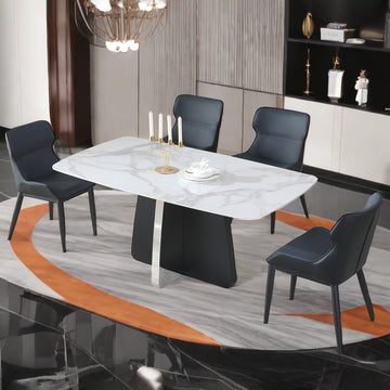 Modern Dining Table for 4, White Dining Table Sintered Stone Dining Table Top with stainless steel base, 63 inch Modern Luxury White Rectangular Dining Table(4 chairs)