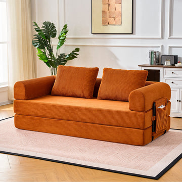 Clihome Loveseat Sofa Convertible Sleeper Sofa Bed with Pillow, Orange Mattress Couch