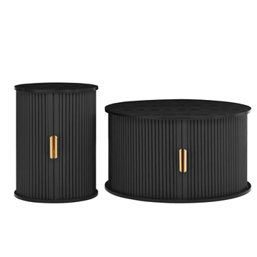 Mid-Century-Round-Coffee-Table-Set-with-Sliding-Tambour-Door-Set-of-2
