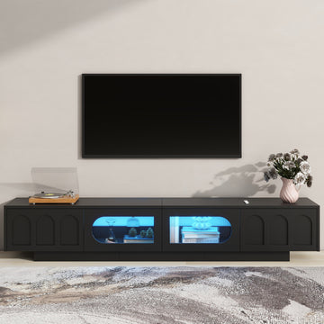 TV Stand with Fluted tempered Glass Doors for TVs Up to 95'', Functional Media Console with Arched Cabinet Doors, Entertainment Center with APP-Controlled LED Light for Living Room, Black/White