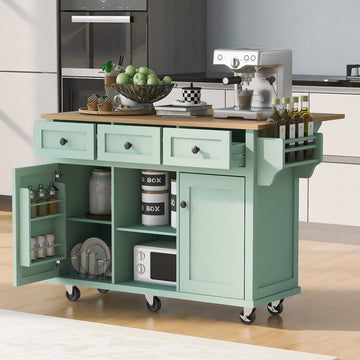 Kitchen Island Cart with Foldable Table & Adjustable Storage, Mint Green Rolling Utility Cart