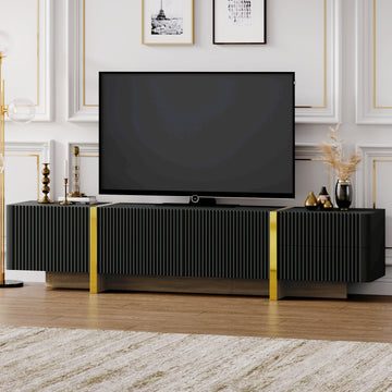 Luxury Fluted TV Stand for TVs Up to 80'', Modern Entertainment Center with Storage Cabinets & Drawers, Smooth Media Console with Golden Wood Grain Legs for Living Room, Black/White