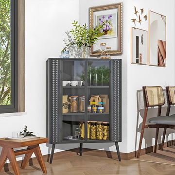 Modern 3-Tier Corner Storage Cabinet with Tempered Glass Doors, Removeable Shelves & Metal Frame - Freestanding Space-Saving Organizer for Bathroom, Kitchen, Bedroom, Living Room, or Small Spaces