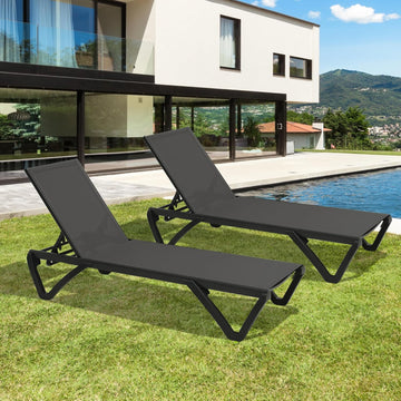 2 Pcs Outdoor Lounge Chair, Aluminum Plastic Patio Chaise Lounge with 5 Position Adjustable Backrest and Wheels, Dark Gray