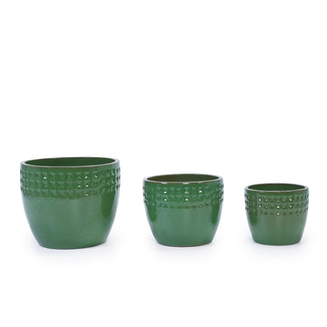 Handmade Ceramic Planter Set of 3, 15/12/9 Inch Diameter,Green Diamond Pattern,for Indoor & Outdoor Use, Breathable Clay