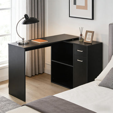 Farmhouse L-Shaped Computer Desk Rotating Writing Desk Home Office Workstation with Storage Cabinet