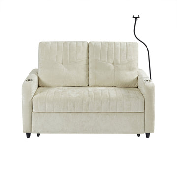 53.9" Modern Loveseat Pull-out Sofa Bed with Adjustable Backrest, Two Cup Holders , a Phone Holder, Three Charging Ports and Side Storage Pockets for Living Room, Grey