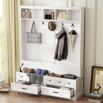 Elegant Wide Hall Tree with 5 Hooks, Versatile Entryway Lift Top Storage Bench with 2 Drawers, Retro Wooden 3-in-1 Coat Rack with Black Handles for Mudroom, Living Room, Black/White, 59