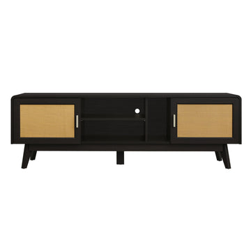 63'' Dark Rattan TV Stand with 2 Storage Cabinets for 65 Inch TV, Entertainment Center with Solid Wood Legs, Media Console Table for Living Room, Bedroom