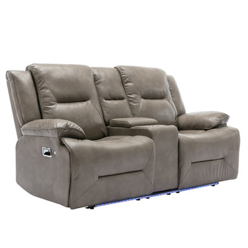 2 Seater Home Theater Recliner Manual Recliner Chair with a LED Light Strip Two Cup Holders and a Storage Box for Living Room,Bedroom, Grey/Black