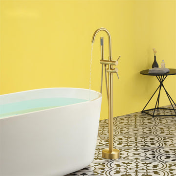 Freestanding Floor Mount 2-Handle Bath Tub Filler Faucet with Handheld Shower in Brushed Gold
