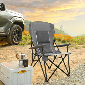 High Back Heavy Duty Lawn Chair Support 250LBS, Portable Collapsible Chair with Cup Holder -Grey