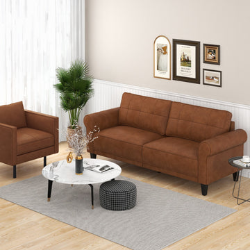 PU Leather Modern 3-Seater Sofa Couch with 2 Detachable Back Pillows