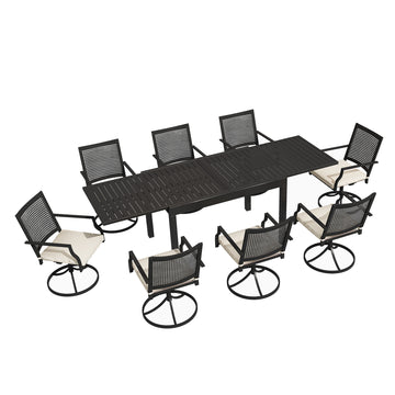 8 Swivel Cast Iron Chairs + Aluminum Retractable Dining Table, 9-Piece Patio Dining Table Set, Suitable For a Variety of Outdoor Scenes