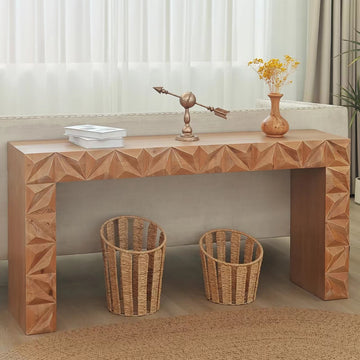 Modern Geometric Wooden Console Table – Dark Brown / Natural Wood Finish with Handcrafted 3D Design