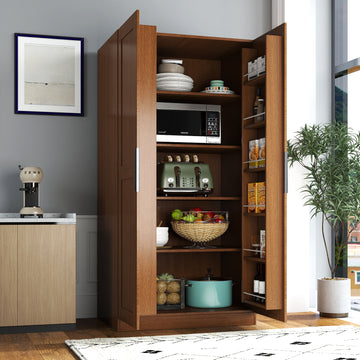 62.99in Kitchen Pantry Cabinet, Walnut/White/Walnut + Particle Board Freestanding Buffet Cupboards Sideboard with Doors & Shelves, Kitchen Pantry Storage Cabinet for Kitchen, Living Room and Dinning Room
