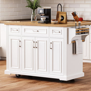 Kitchen Island with Adjustable Shelf, Lockable Wheels Mobile Rolling Kitchen Cart, White