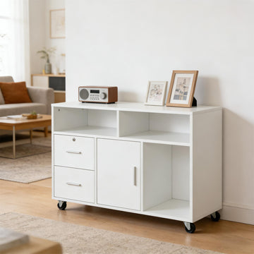 White Printer Stand Unit with Locking Storage Cabinet, Rolling Office Storage Organizer
