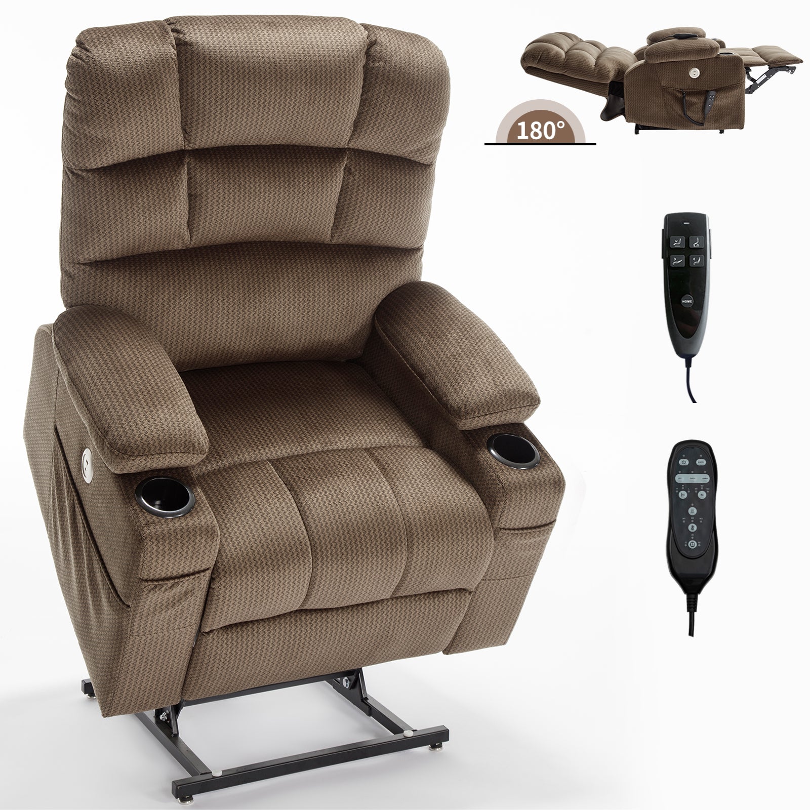 Brown/Grey/Blue Dual Motor Infinite Position Up to 350 LBS Chenille Power Lift Recliner Chair, Heavy Duty Motion Mechanism with 8-Point Vibration Massage and Lumbar Heating, Dual Cup Holders