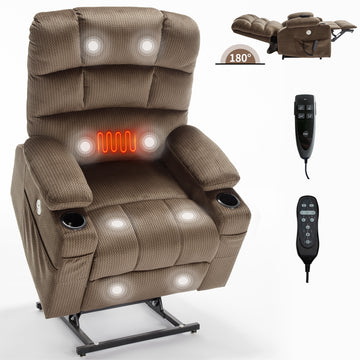 Brown/Grey/Blue Dual Motor Infinite Position Up to 350 LBS Chenille Power Lift Recliner Chair, Heavy Duty Motion Mechanism with 8-Point Vibration Massage and Lumbar Heating, Dual Cup Holders