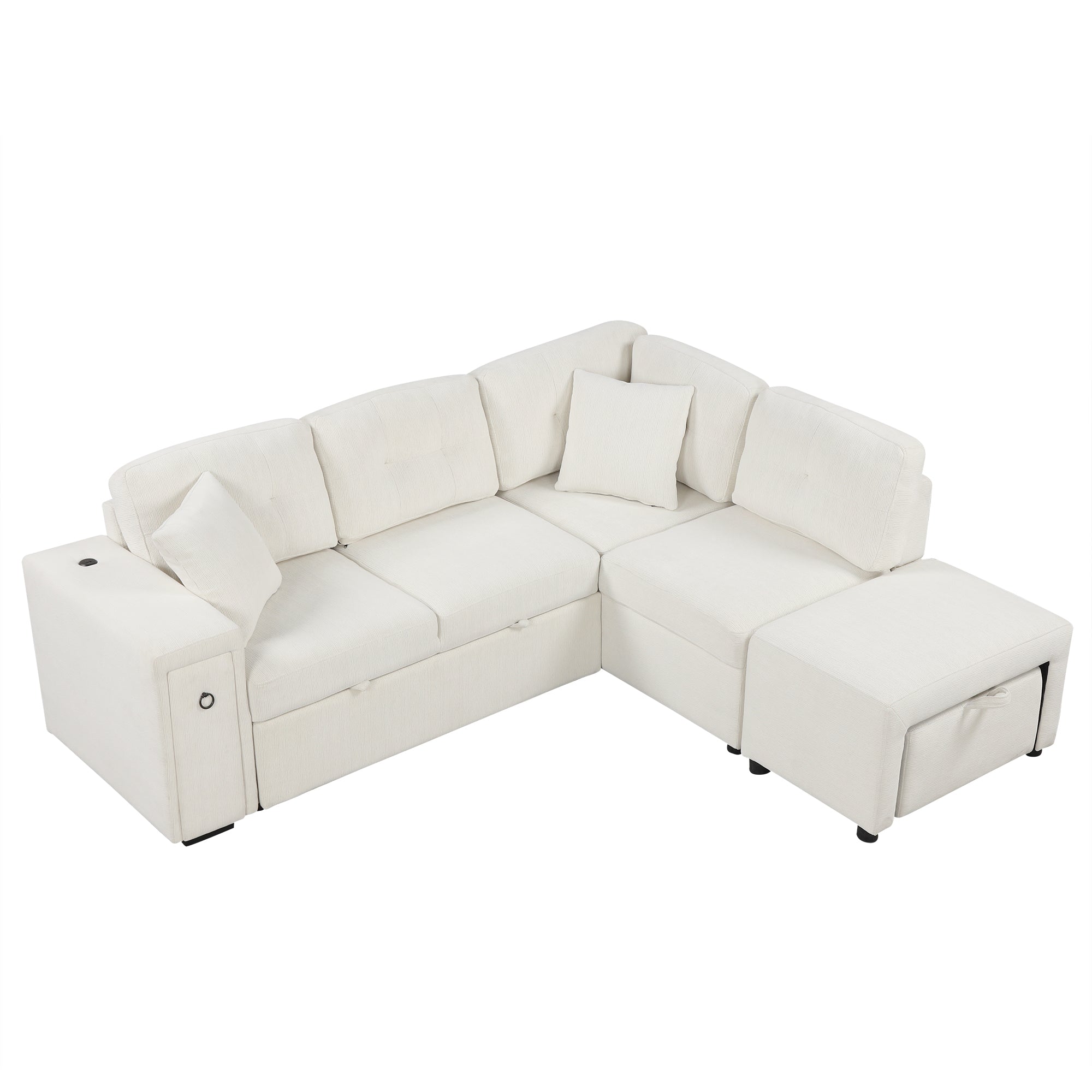 86.6" Sectional Sofa L-shaped Sofa Couch Pull-out Sofa Bed with a Movable Ottoman, Two USB Ports and Two Cup Holders for Living Room, Beige/Grey